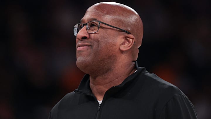 Apr 10, 2026; New York, New York, USA; New York Knicks head coach Mike Brown reacts during the second half against the Toronto Raptors at Madison Square Garden. Mandatory Credit: Vincent Carchietta-Imagn Images 
