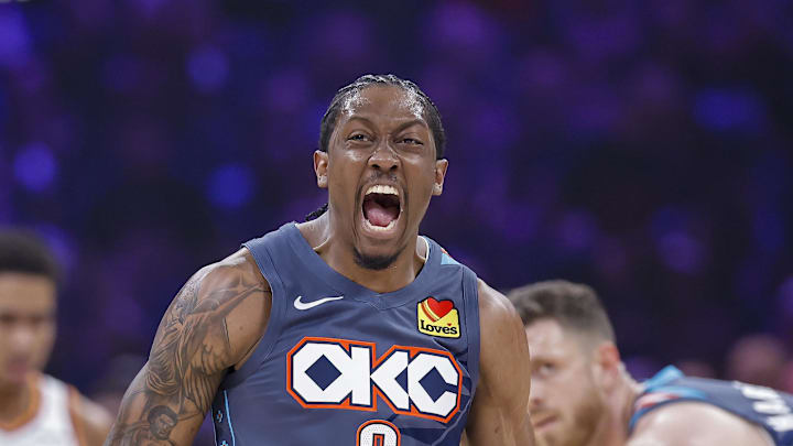 Apr 22, 2026; Oklahoma City, Oklahoma, USA; Oklahoma City Thunder guard Jalen Williams (8) screams after dunking against the Phoenix Suns in the first half during game two of the first round of the 2026 NBA Playoffs at Paycom Center. Mandatory Credit: Alonzo Adams-Imagn Images