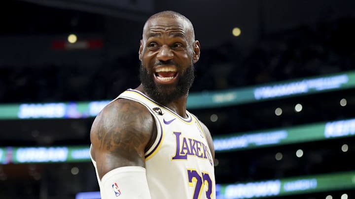 Mar 1, 2026; Los Angeles, California, USA; Los Angeles Lakers forward LeBron James (23) during the first quarter against the Sacramento Kings at Crypto.com Arena. Mandatory Credit: William Navarro-Imagn Images