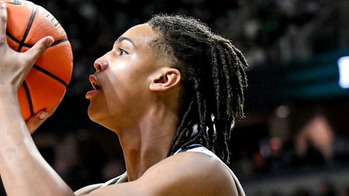 Michigan State's Jordan Scott makes a 3-pointer against against Maryland during the second half on Saturday, Jan. 24, 2026, at the Breslin Center in East Lansing.