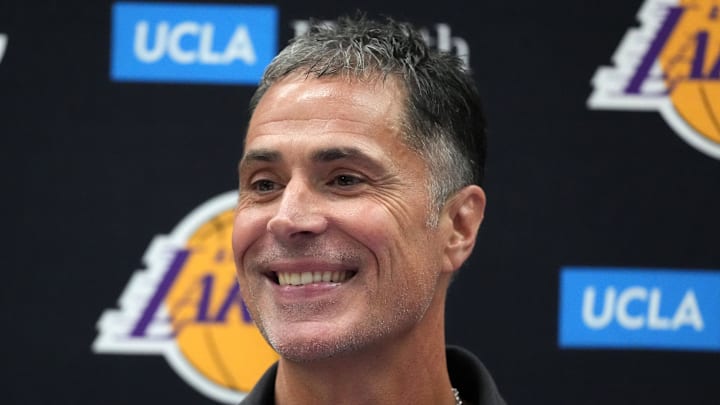 Sep 25, 2024; El Segundo, CA, USA; Los Angeles Lakers general manager Rob Pelinka at press conference at UCLA Health Training Center. Mandatory Credit: Kirby Lee-Imagn Images