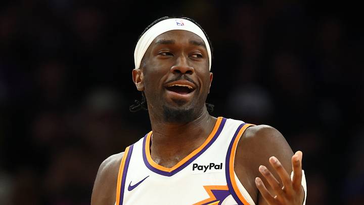 Phoenix, Arizona, USA; Phoenix Suns center Mark Williams (15) reacts against the Golden State Warriors in the first half at Mortgage Matchup Center on Feb 5, 2026.