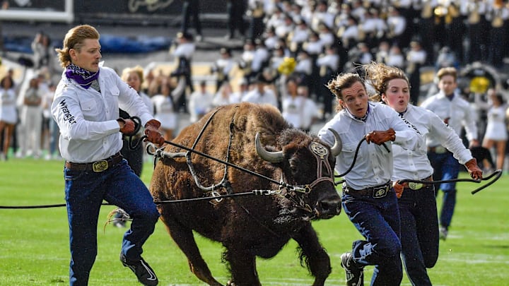 Sep 30, 2023; Boulder, Colorado, USA; Colorado Buffaloes Ralphie VI, the live buffalo mascot runs the field with handlers leading the team out for their game against the USC Trojans at Folsom Field. Mandatory Credit: John Leyba-Imagn Images