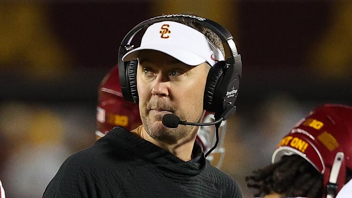 Oct 5, 2024; Minneapolis, Minnesota, USA; USC Trojans head coach Lincoln Riley looks on during the first half against the Minnesota Golden Gophers at Huntington Bank Stadium. Mandatory Credit: Matt Krohn-Imagn Images