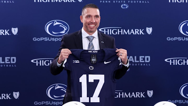 Dec 8, 2025; University Park, PA, USA; Matt Campbell poses for a photo after being announced as the Penn State Nittany Lions new head coach during a press conference at the Beaver Stadium Press Room. 