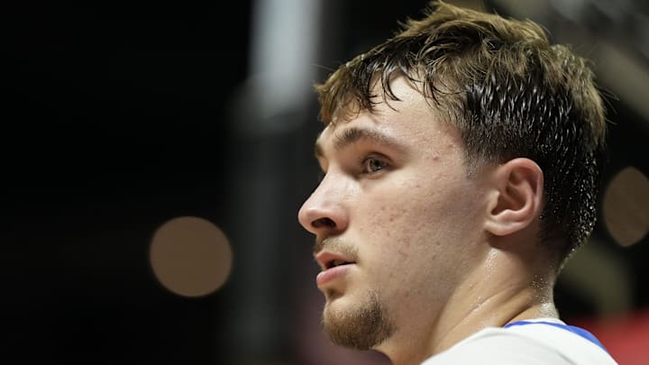Jul 10, 2025; Las Vegas, NV, USA; Dallas Mavericks forward Cooper Flagg (32) looks on against the Los Angeles Lakers in the fourth quarter of their game at Thomas & Mack Center. Mandatory Credit: Candice Ward-Imagn Images