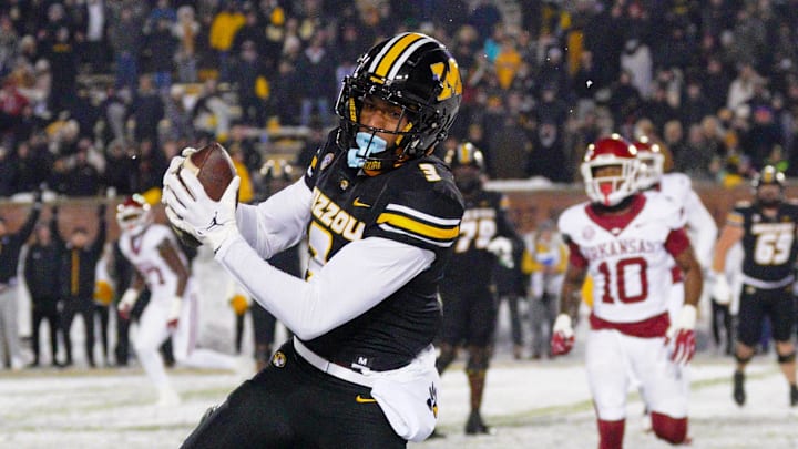 Nov 30, 2024; Columbia, Missouri, USA; Missouri Tigers wide receiver Luther Burden III (3) catches a pass for a two point conversion against the Arkansas Razorbacks during the second half at Faurot Field at Memorial Stadium. Mandatory Credit: Denny Medley-Imagn Images