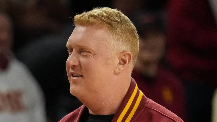 Feb 21, 2026; Los Angeles, California, USA; Brian Scalabrine watches during the game between the Oregon Ducks and the Southern California Trojans at Galen Center. Mandatory Credit: Kirby Lee-Imagn Images