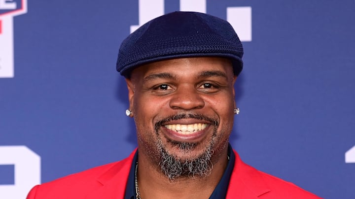 Vince Wilfork stops on the red carpet for a photo at the New England Patriots Hall of Fame induction ceremony Vince Wilfork stops on the red carpet for a photo at the New England Patriots Hall of Fame induction ceremony