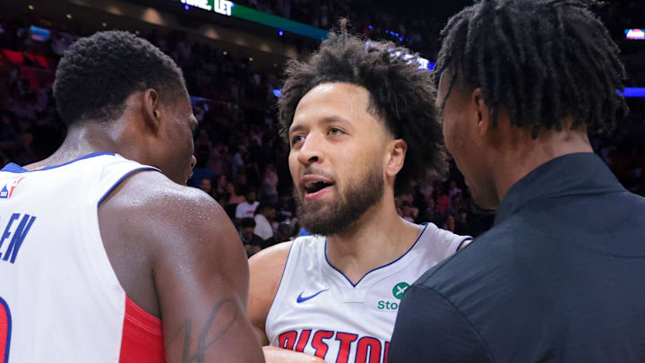 Mar 19, 2025; Miami, Florida, USA; Detroit Pistons guard Cade Cunningham (2) celebrates with center Jalen Duren (0) after the game against the Miami Heat at Kaseya Center. Mandatory Credit: Sam Navarro-Imagn Images Mar 19, 2025; Miami, Florida, USA; Detroit Pistons guard Cade Cunningham (2) celebrates with center Jalen Duren (0) after the game against the Miami Heat at Kaseya Center. Mandatory Credit: Sam Navarro-Imagn Images