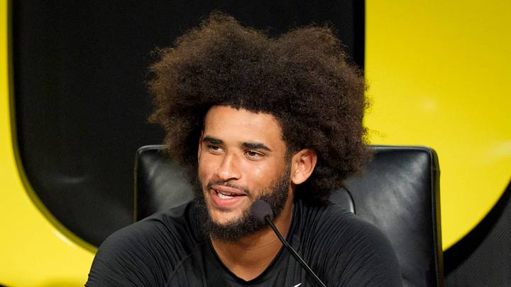 Oregon quarterback Dante Moore speaks during a press conference on Aug. 18, 2026, at the Hatfield-Dowlin Complex in Eugene, Oregon. Oregon quarterback Dante Moore speaks during a press conference on Aug. 18, 2026, at the Hatfield-Dowlin Complex in Eugene, Oregon.