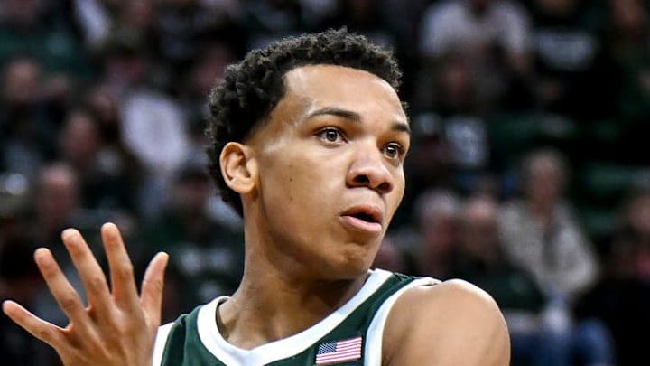 Michigan State's Divine Ugochukwu passes the ball against Northwestern during the first half on Thursday, Jan. 8, 2026, at the Breslin Center in East Lansing.