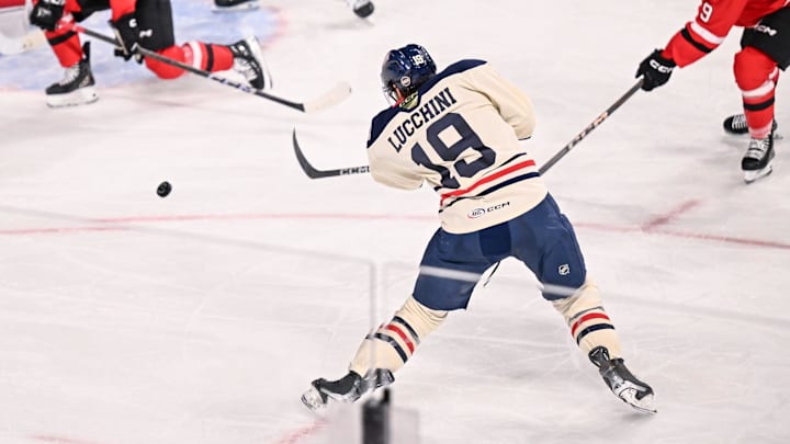 Milwaukee Admirals left wing Jake Lucchini (19) fires a shot against the Charlotte Checkers in the third period of a game Friday, January 24, 2025, at UWM Panther Arena in Milwaukee, Wisconsin. The Admirals won, 4-1. Milwaukee Admirals left wing Jake Lucchini (19) fires a shot against the Charlotte Checkers in the third period of a game Friday, January 24, 2025, at UWM Panther Arena in Milwaukee, Wisconsin. The Admirals won, 4-1.