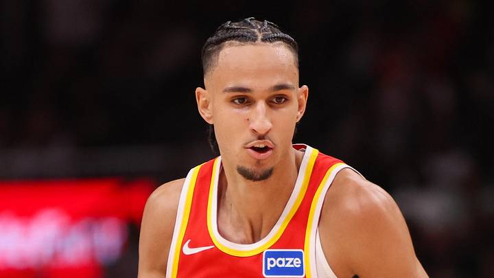 Mar 14, 2026; Atlanta, Georgia, USA; Atlanta Hawks forward Zaccharie Risacher (10) dribbles against the Milwaukee Bucks in the fourth quarter at State Farm Arena. Mandatory Credit: Brett Davis-Imagn Images