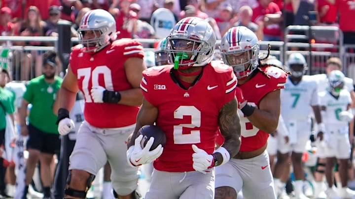 Ohio State receiver Emeka Egbuka runs for a touchdown against Marshall.