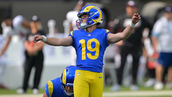 Oct 18, 2026; Inglewood, California, USA; Los Angeles Rams kicker Blake Grupe (19) watches his kick on a field goal on a hold from punter Ethan Evans (42) in the first quarter against the Arizona Cardinals at SoFi Stadium. Mandatory Credit: Jayne Kamin-Oncea-Imagn Images Oct 18, 2026; Inglewood, California, USA; Los Angeles Rams kicker Blake Grupe (19) watches his kick on a field goal on a hold from punter Ethan Evans (42) in the first quarter against the Arizona Cardinals at SoFi Stadium. Mandatory Credit: Jayne Kamin-Oncea-Imagn Images