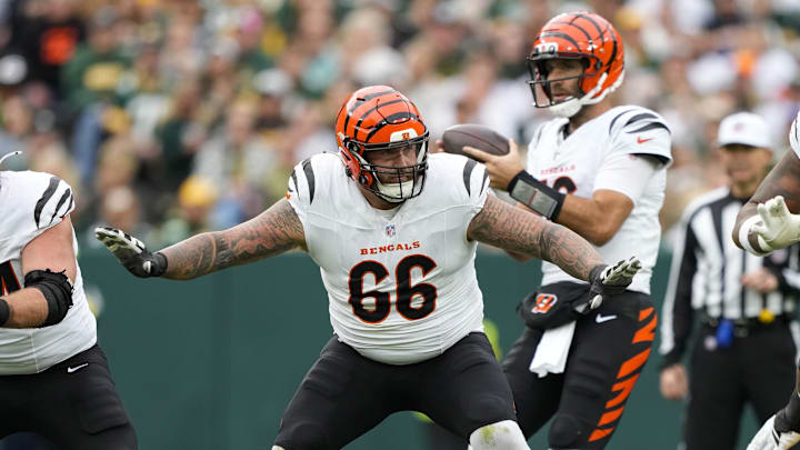 Oct 12, 2025; Green Bay, Wisconsin, USA;  Cincinnati Bengals guard Dalton Risner (66) during the game against the Green Bay Packers at Lambeau Field. Mandatory Credit: Jeff Hanisch-Imagn Images