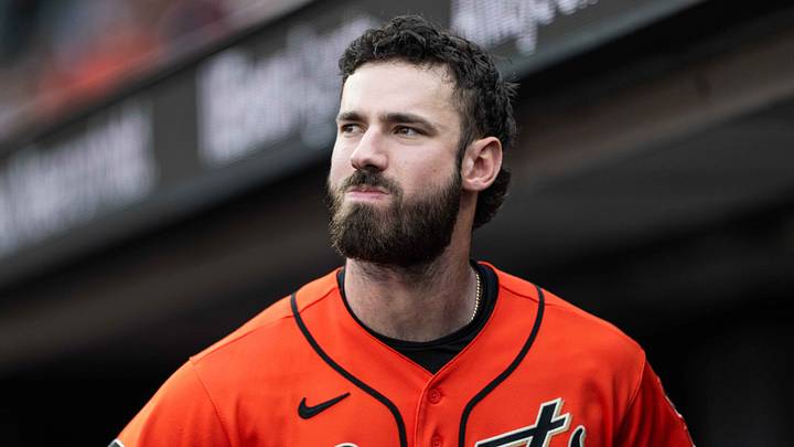 San Francisco, California, USA; San Francisco Giants designated hitter Bryce Eldridge (8) looks on from the dugout during a game against the Atlanta Braves at Oracle Park. Mandatory Credit: Justine Willard-Imagn Images