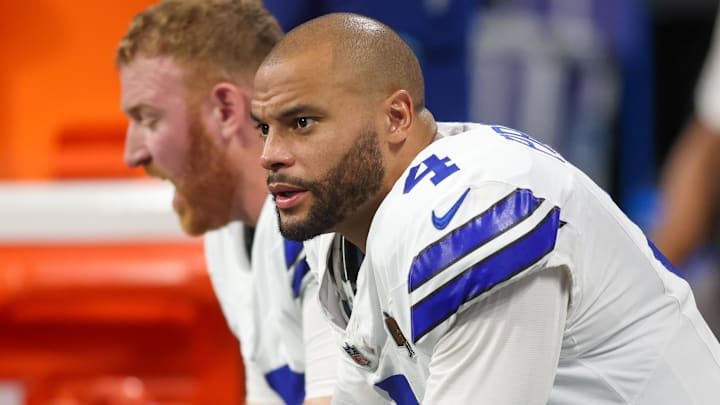Dallas Cowboys quarterback Dak Prescott (4) on the bench against the Atlanta Falcons in the fourth quarter at Mercedes-Benz Stadium. Dallas Cowboys quarterback Dak Prescott (4) on the bench against the Atlanta Falcons in the fourth quarter at Mercedes-Benz Stadium.