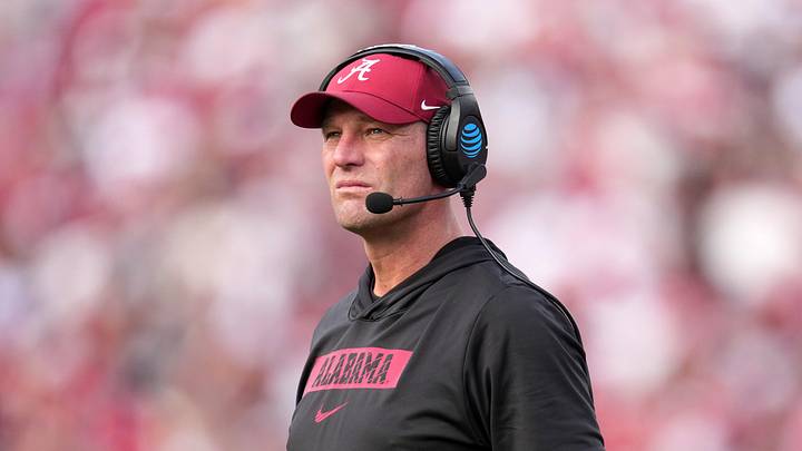Jan 1, 2026; Pasadena, CA, USA; Alabama Crimson Tide head coach Kalen Deboer watches in the second half against the Indiana Hoosiers at the 2026 Rose Bowl and quarterfinal game of the College Football Playoff at Rose Bowl Stadium. Mandatory Credit: Kirby Lee-Imagn Images Jan 1, 2026; Pasadena, CA, USA; Alabama Crimson Tide head coach Kalen Deboer watches in the second half against the Indiana Hoosiers at the 2026 Rose Bowl and quarterfinal game of the College Football Playoff at Rose Bowl Stadium. Mandatory Credit: Kirby Lee-Imagn Images