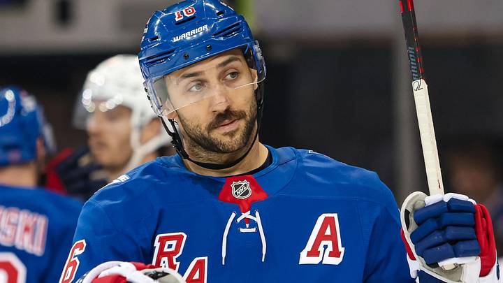 Apr 5, 2026; New York, New York, USA; New York Rangers center Vincent Trocheck (16) skates against the Washington Capitals during the second period at Madison Square Garden. Mandatory Credit: Danny Wild-Imagn Images