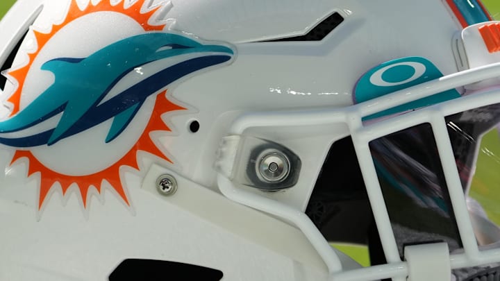 Nov 7, 2021; Miami Gardens, Florida, USA; A general view of a Miami Dolphins helmet on the field