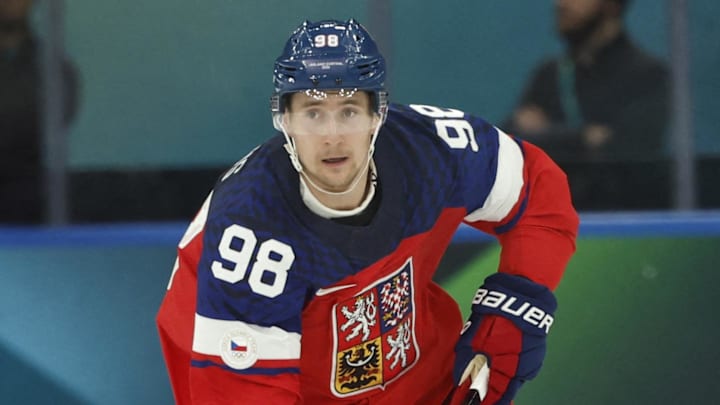 Feb 12, 2026; Milan, Italy; Martin Necas of Czechia in action against Canada in a men's ice hockey group A match during the Milano Cortina 2026 Olympic Winter Games at Milano Santagiulia Ice Hockey Arena. Mandatory Credit: Geoff Burke-Imagn Images