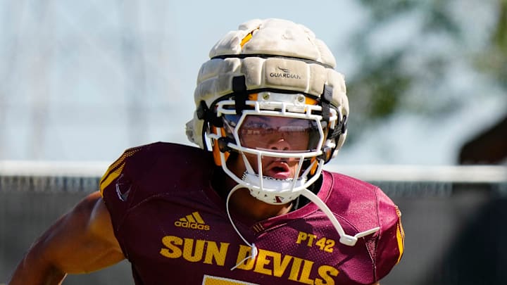 Arizona State wide receiver Reed Harris (3) runs a route during a spring practice at Kajikawa practice fields in Tempe, Ariz. on April 14, 2026.