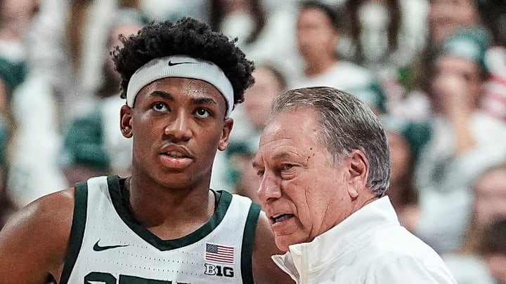 Michigan State guard Jeremy Fears Jr. talks to head coach Tom Izzo during the first half against Duke at Breslin Center in East Lansing on Saturday, Dec. 6, 2025. Michigan State guard Jeremy Fears Jr. talks to head coach Tom Izzo during the first half against Duke at Breslin Center in East Lansing on Saturday, Dec. 6, 2025.