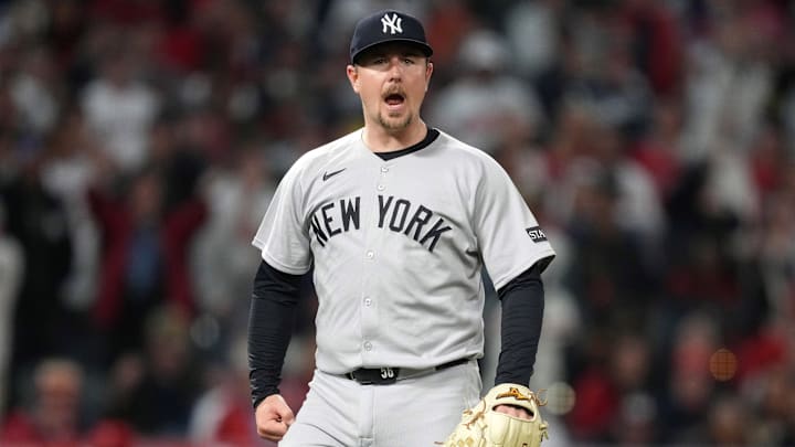 May 28, 2025; Anaheim, California, USA; New York Yankees relief pitcher Mark Leiter Jr. (56) celebrates at the end of the game against the Los Angeles Angels at Angel Stadium. Mandatory Credit: Kirby Lee-Imagn Images May 28, 2025; Anaheim, California, USA; New York Yankees relief pitcher Mark Leiter Jr. (56) celebrates at the end of the game against the Los Angeles Angels at Angel Stadium. Mandatory Credit: Kirby Lee-Imagn Images