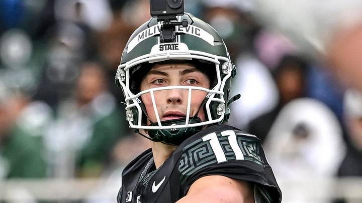 Michigan State's Alessio Milivojevic throws a pass during the football Spring Showcase on Saturday, April 18, 2026, at Spartan Stadium in East Lansing. Michigan State's Alessio Milivojevic throws a pass during the football Spring Showcase on Saturday, April 18, 2026, at Spartan Stadium in East Lansing.