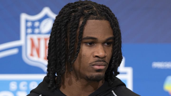 Feb 26, 2026; Indianapolis, IN, USA; Tennessee defensive back Jermod McCoy (DB20) speaks to media members during the NFL Combine at the Indiana Convention Center. Mandatory Credit: Jacob Musselman-Imagn Images