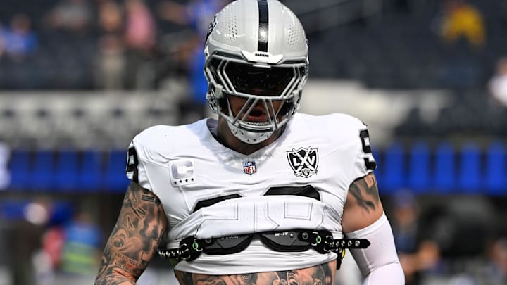 Oct 20, 2024; Inglewood, California, USA; Las Vegas Raiders defensive end Maxx Crosby (98) during pregame warmups before an NFL game against the Los Angeles Rams at SoFi Stadium. Mandatory Credit: Robert Hanashiro-Imagn Images