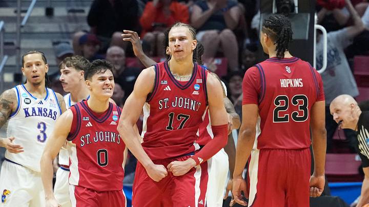 Mar 22, 2026; San Diego, CA, USA; St. John's Red Storm forward Rubén Prey (17) reacts in the second half against the Kansas Jayhawks during a second round game of the men's 2026 NCAA Tournament at Viejas Arena. Mandatory Credit: Kirby Lee-Imagn Images Mar 22, 2026; San Diego, CA, USA; St. John's Red Storm forward Rubén Prey (17) reacts in the second half against the Kansas Jayhawks during a second round game of the men's 2026 NCAA Tournament at Viejas Arena. Mandatory Credit: Kirby Lee-Imagn Images