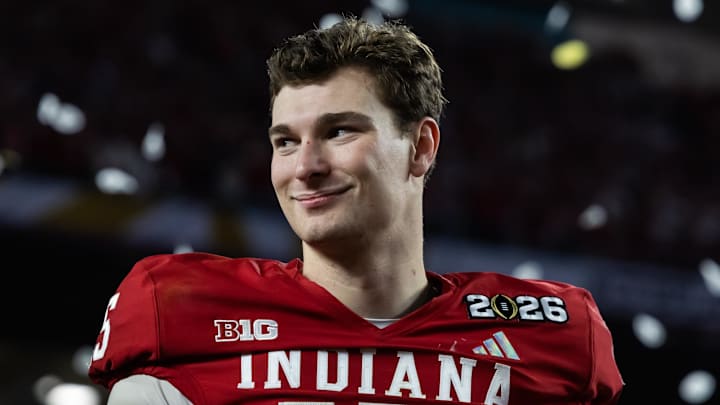 Former Indiana Hoosiers quarterback Fernando Mendoza celebrates after defeating the Miami Hurricanes in the College Football Playoff National Championship game.