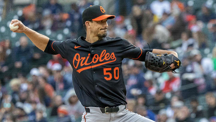 Apr 26, 2025; Detroit, Michigan, USA; Baltimore Orioles pitcher Charlie Morton (50) delivers in the second inning against the Detroit Tigers during game two of a double header at Comerica Park.