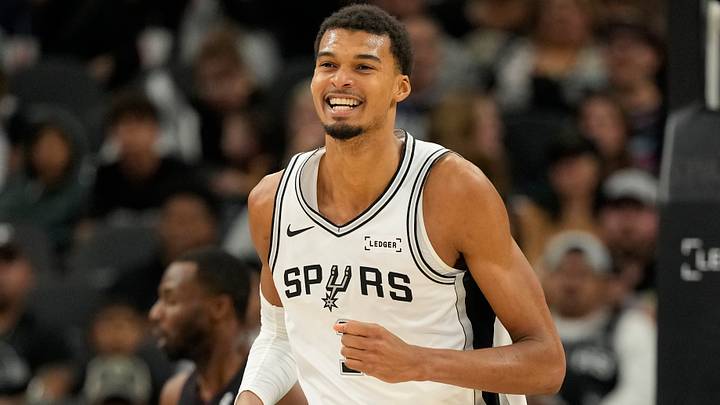 Oct 30, 2025; San Antonio, Texas, USA; San Antonio Spurs forward Victor Wembanyama (1) reacts after losing the ball out of bounds during the second half against the Miami Heat at Frost Bank Center. Mandatory Credit: Scott Wachter-Imagn Images