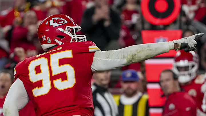Dec 25, 2025; Kansas City, Missouri, USA; Kansas City Chiefs defensive tackle Chris Jones (95) celebrates after a play during the fourth quarter at GEHA Field at Arrowhead Stadium. Mandatory Credit: Denny Medley-Imagn Images Dec 25, 2025; Kansas City, Missouri, USA; Kansas City Chiefs defensive tackle Chris Jones (95) celebrates after a play during the fourth quarter at GEHA Field at Arrowhead Stadium. Mandatory Credit: Denny Medley-Imagn Images
