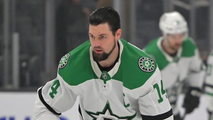 Jan 12, 2026; Los Angeles, California, USA;  Dallas Stars left wing Jamie Benn (14) warms up prior to the game against the Los Angeles Kings at Crypto.com Arena. Mandatory Credit: Jayne Kamin-Oncea-Imagn Images
