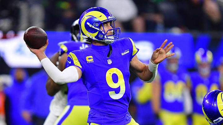 Nov 24, 2024; Inglewood, California, USA; Los Angeles Rams quarterback Matthew Stafford (9) throws against the Philadelphia Eagles during the second half at SoFi Stadium. Mandatory Credit: Gary A. Vasquez-Imagn Images Nov 24, 2024; Inglewood, California, USA; Los Angeles Rams quarterback Matthew Stafford (9) throws against the Philadelphia Eagles during the second half at SoFi Stadium. Mandatory Credit: Gary A. Vasquez-Imagn Images