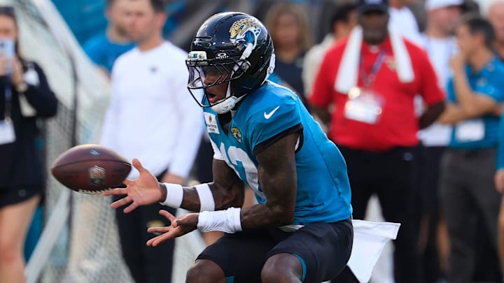 Jacksonville Jaguars wide receiver Travis Hunter (12) catches a pass during an NFL scrimmage event at EverBank Stadium, Friday, Aug. 1, 2025, in Jacksonville, Fla. [Corey Perrine/Florida Times-Union]