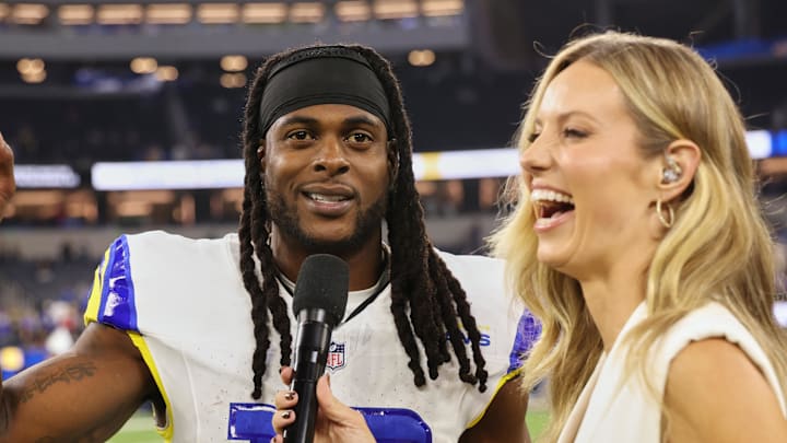 Nov 23, 2025; Inglewood, California, USA; Los Angeles Rams wide receiver Davante Adams (17) stands on the field for an interview after the game against the Tampa Bay Buccaneers at SoFi Stadium. Mandatory Credit: Kiyoshi Mio-Imagn Images