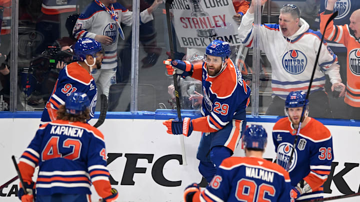 Draisaitl celebrates his Game 1 goal.