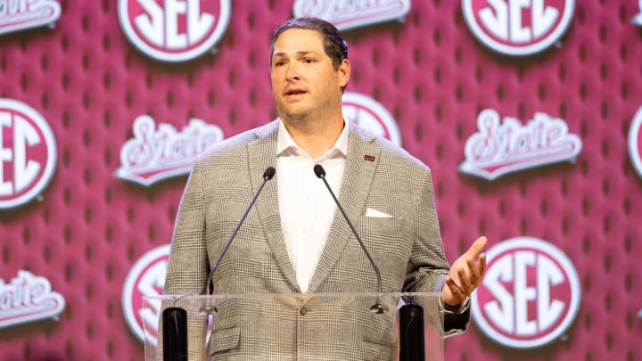 Mississippi State head coach Jeff Lebby speaking at Omni Dallas Hotel. Mississippi State head coach Jeff Lebby speaking at Omni Dallas Hotel.