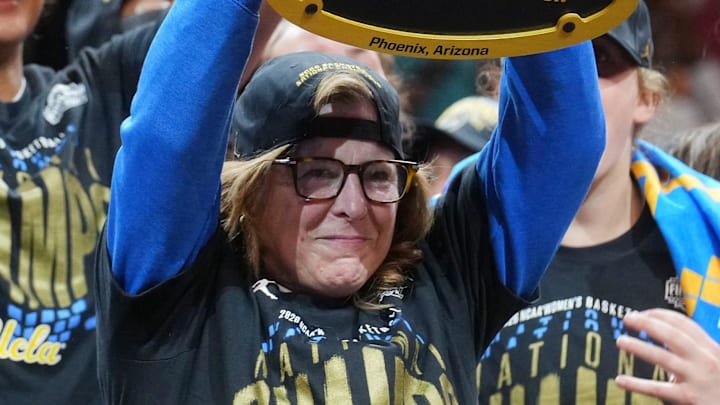 UCLA Bruins head coach Cori Close celebrates their 79-51 win over the South Carolina Gamecocks to claim the NCAA women's basketball national championship at Mortgage Matchup Center in Phoenix on April 5, 2026.