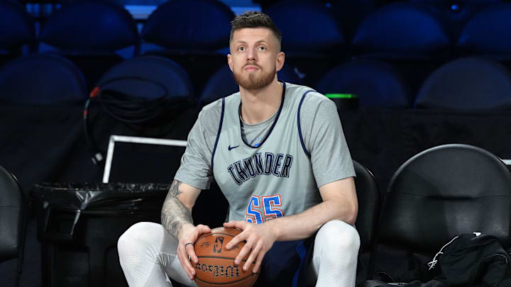 Dec 12, 2025; Las Vegas, NV, USA; Oklahoma City Thunder center Isaiah Hartenstein (55) during practice prior to the Emirates Cup semifinals at T-Mobile Arena. Mandatory Credit: Kirby Lee-Imagn Images