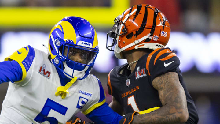 Feb 13, 2022; Inglewood, CA, USA; Los Angeles Rams cornerback Jalen Ramsey (5) defends against Cincinnati Bengals wide receiver Ja'Marr Chase (1) during Super Bowl LVI at SoFi Stadium. Mandatory Credit: Mark J. Rebilas-Imagn Images
