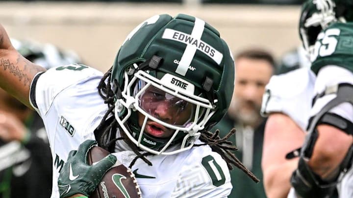 Michigan State's Cam Edwards runs the ball during the football Spring Showcase on Saturday, April 18, 2026, at Spartan Stadium in East Lansing.