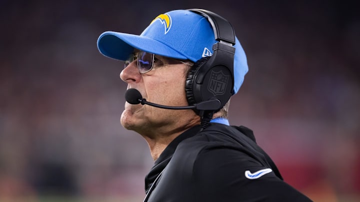 Oct 21, 2024; Glendale, Arizona, USA; Los Angeles Chargers head coach Jim Harbaugh against the Arizona Cardinals at State Farm Stadium. Mandatory Credit: Mark J. Rebilas-Imagn Images
