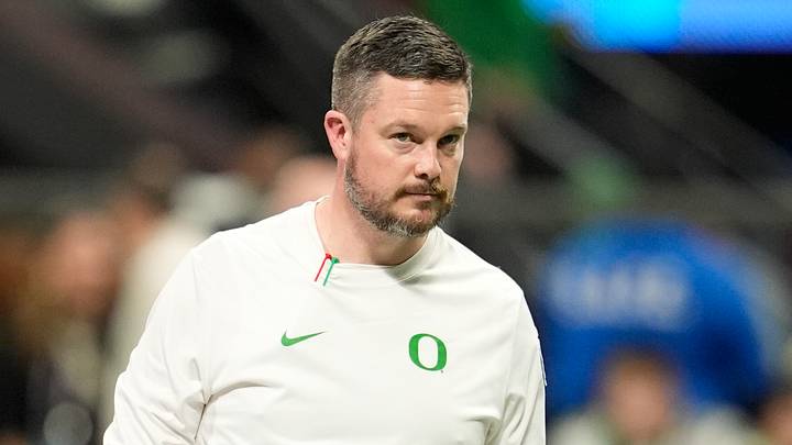 Jan 9, 2026; Atlanta, GA, USA; Oregon Ducks head coach Dan Lanning on the field prior to the 2025 Peach Bowl and semifinal game of the College Football Playoff against the Oregon Ducks at Mercedes-Benz Stadium. Mandatory Credit: Dale Zanine-Imagn Images